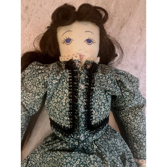 Handmade Vintage Rag Doll In Green Floral Dress & Lace Trim By Cattle Kate Jacks - Picture 5 of 11